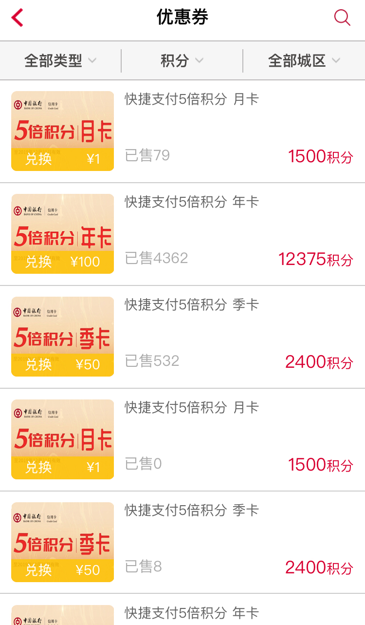 中国银行信用卡积分兑换商品